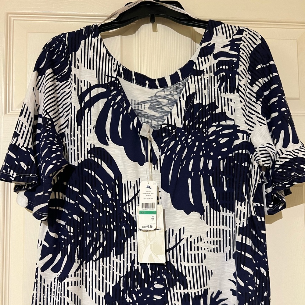 Tommy Bahama Ruffle Sleeve Dress-Island Navy and White Tropical Print